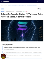 Solana Co-Founder Claims NFTs, Meme Coins Have ‘No Value’, Sparks Backlash