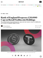 Bank of England Proposes £20,000 Cap on Retail Stablecoin Holdings - Decrypt