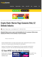 Crypto Clash: Warren Flags Economic Risk, CZ Defends Industry