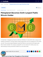 Metaplanet Becomes Sixth-Largest Public Bitcoin Holder