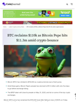 BTC reclaims $110k as Bitcoin Pepe hits $11.3m amid crypto bounce - CoinJournal