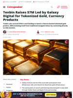 Tenbin Raises $7M Led by Galaxy Digital for Tokenized Gold, Currency Products - Coinspeaker