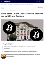 Swiss Banks Launch CHF Stablecoin Sandbox by UBS Partners