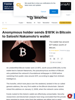 Anonymous holder sends $181K in Bitcoin to Satoshi Nakamoto's wallet