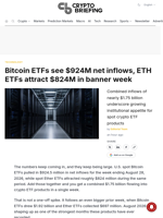 Bitcoin ETFs see $924M net inflows, ETH ETFs attract $824M in banner week