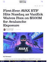 First-Ever AVAX ETF Hits Nasdaq as VanEck Waives Fees on $500M for Avalanche Exposure