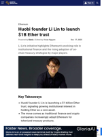 Huobi founder Li Lin to launch $1B Ether trust