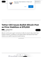 Tether CEO Issues Bullish Bitcoin Post as Price Stabilizes at $75,000 - U.Today