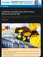 California Assembly Votes 68-0 to Pass Bitcoin Payments Bill