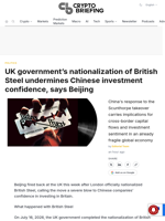 UK government's nationalization of British Steel undermines Chinese investment confidence, says Beijing