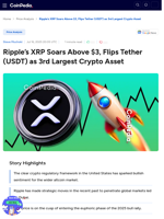 Ripple’s XRP Soars Above $3, Flips USDT as 3rd Largest Crypto