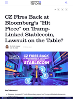 CZ Fires Back at Bloomberg’s “Hit Piece” on Trump-Linked Stablecoin, Lawsuit on the Table?
