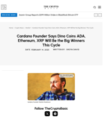 Cardano Founder Says Dino Coins ADA, Ethereum, XRP Will Be the Big Winners This Cycle