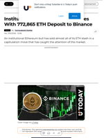 Institutional ETH Holder Capitulates With 772,865 ETH Deposit to Binance - U.Today