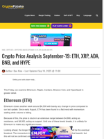 Crypto Price Analysis September-19: ETH, XRP, ADA, BNB, and HYPE