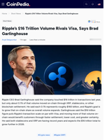 Ripple's $16 Trillion Volume Rivals Visa, Says Brad Garlinghouse