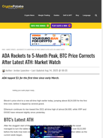 ADA Rockets to 5-Month Peak, BTC Price Corrects After Latest ATH: Market Watch