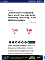 Justin Sun unveils elevated brand identity in a letter to the community celebrating TRON’s eighth anniversary