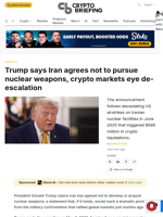 Trump says Iran agrees not to pursue nuclear weapons, crypto markets eye de-escalation