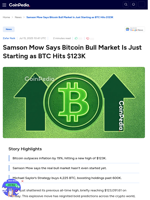 Samson Mow Says Bitcoin Bull Market Is Just Starting as BTC Hits $123K