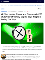 XRP Set to Join Bitcoin and Ethereum in ETF Club; CEO of Canary Capital Says 'Ripple is Paving The Way'