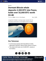 Dormant Bitcoin whale deposits 2,300 BTC into Paxos, holds over 32,000 BTC worth $3.4B