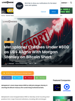 Metaplanet Crashes Under ¥600 as UBS Aligns With Morgan Stanley on Bitcoin Short