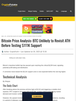 Bitcoin Price Analysis: BTC Unlikely to Revisit ATH Before Testing $111K Support