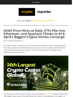 AVAX Price Hints at Rally, ETFs Pile Into Ethereum, and Spartans Climbs to #14: April's Biggest Crypto Stories Converge