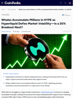 Whales Accumulate Millions in HYPE as Hyperliquid Price Defies Market Volatility—Is a 20% Breakout Next?