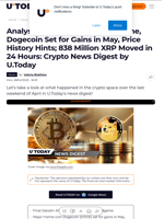 Analyst Predicts Bitcoin's Endgame, Dogecoin Set for Gains in May, Price History Hints; 838 Million XRP Moved in 24 Hours: Crypto News Digest by U.Today