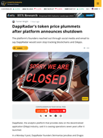DappRadar's Token Price Plummets after Platform Announces Shutdown