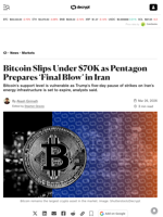 Bitcoin Slips Under $70K as Pentagon Prepares ‘Final Blow’ in Iran - Decrypt