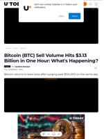 Bitcoin (BTC) Sell Volume Hits $3.13 Billion in One Hour: What's Happening? - U.Today