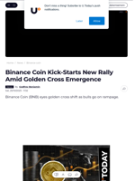Binance Coin Kick-Starts New Rally Amid Golden Cross Emergence - U.Today