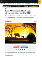 South Africa Central Bank Finds No Urgent Need for CBDC