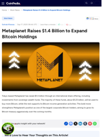 Metaplanet Raises $1.4 Billion to Expand Bitcoin Holdings