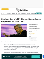 Strategy buys 1,031 Bitcoin; its stash now surpasses 762,000 BTC