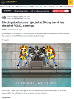 Bitcoin Price Gains Reverse Into FOMC Meeting as US Stocks Track Sideways