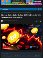 Bitcoin Price Falls Below $100k Despite U.S. Government Reopening