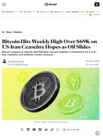 Bitcoin Hits Weekly High Over $69K on US-Iran Ceasefire Hopes as Oil Slides - Decrypt