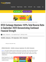 BTCC Exchange Maintains 143% Total Reserve Ratio in September 2025 Demonstrating Continued Financial Strength