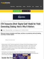 ETH Treasuries Ditch 'Digital Gold' Model for Yield-Generating Staking: Here's Why It Matters