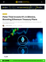 Peter Thiel Invests 9% in Bitmine, Boosting Ethereum Treasury Plans - CoinCentral