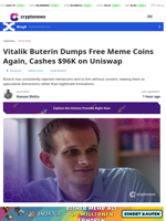 Vitalik Buterin Dumps Free Meme Coins Again, Cashes $96K on Uniswap