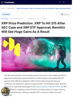 XRP Price Prediction: XRP To Hit $15 After SEC Case and XRP ETF Approval; Remittix Will See Huge Gains As A Result 