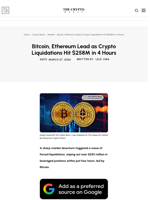 Bitcoin, Ethereum Lead as Crypto Liquidations Hit $258M in 4 Hours