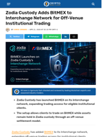 Zodia Custody Adds BitMEX to Interchange Network for Off-Venue Institutional Trading