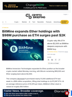 BitMine expands Ether holdings with $98M purchase as ETH surges past $2K