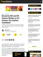 Demand for BTC and ETH Exposure Weakens as U.S. Investors Turn Cautious: CryptoQuant